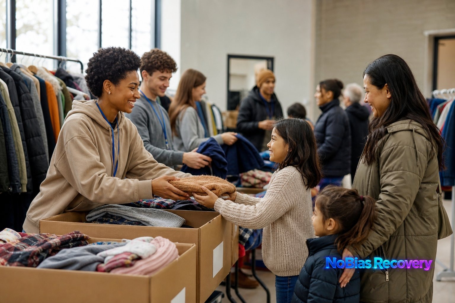 Volunteers helping a family choose donated clothing at a community clothing drive, with NoBias Recovery branding.