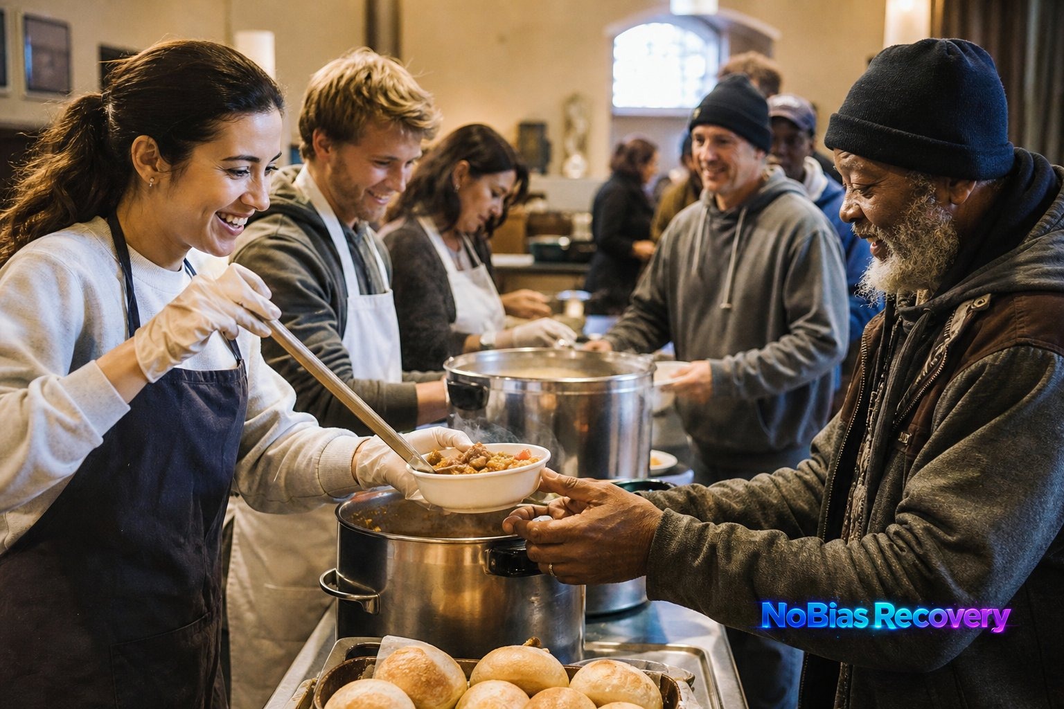 Volunteers serving a warm meal to community members at a soup kitchen, with NoBias Recovery branding.